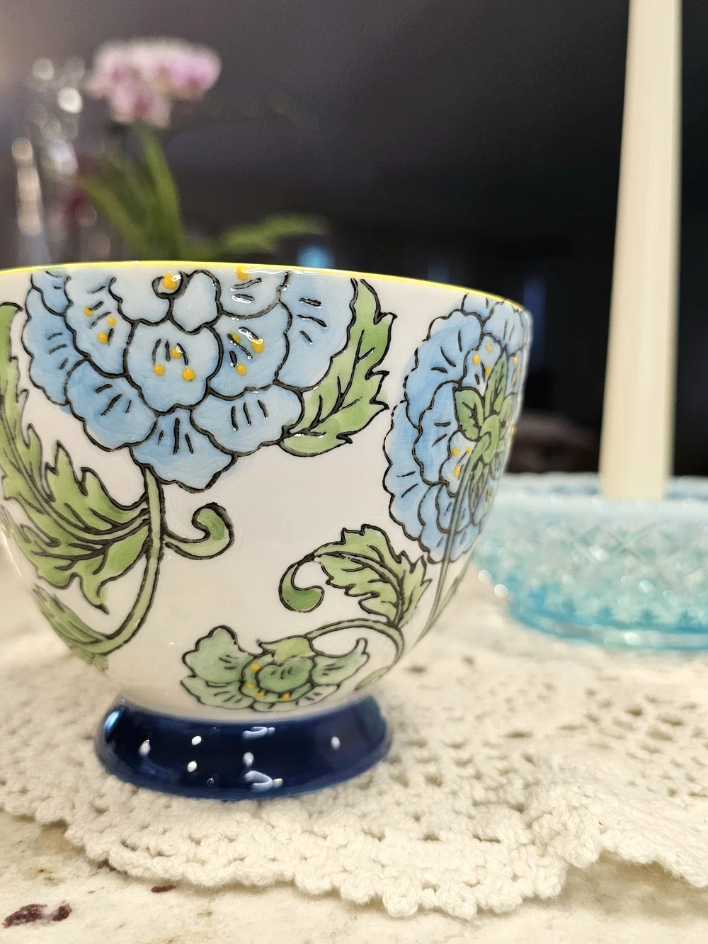 Blue Handpainted Floral Ceramuc Mug Pedestal Base Garden Teacup Special Moments